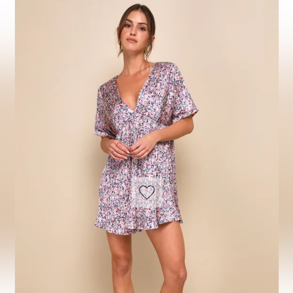 Lulu’s Express Yourself Blush Pink Floral Print Satin Babydoll Dress. Size Small - Picture 6 of 14